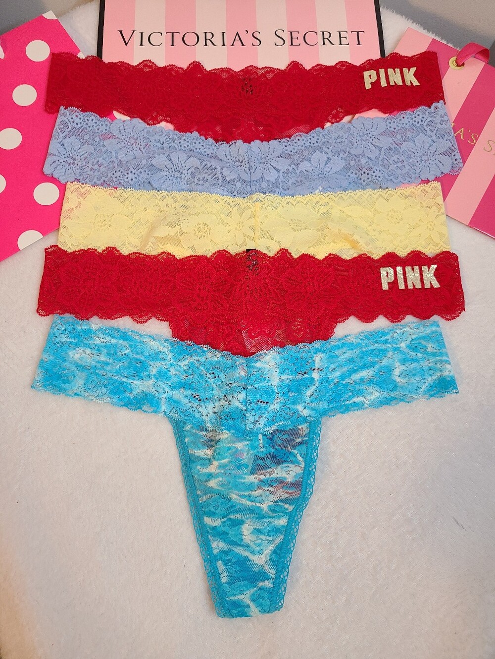 VS PINK 5pk Everyday Stretch Lace Classic Thong Panties Size M